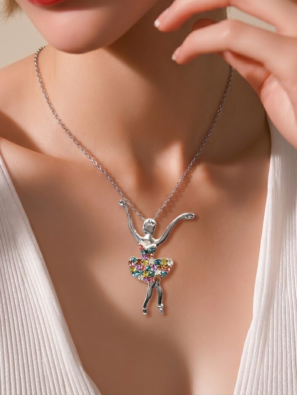 Ballerina Necklace Rhinestone Tutu Pendant Silver Ballet Dancer Jewelry Gift